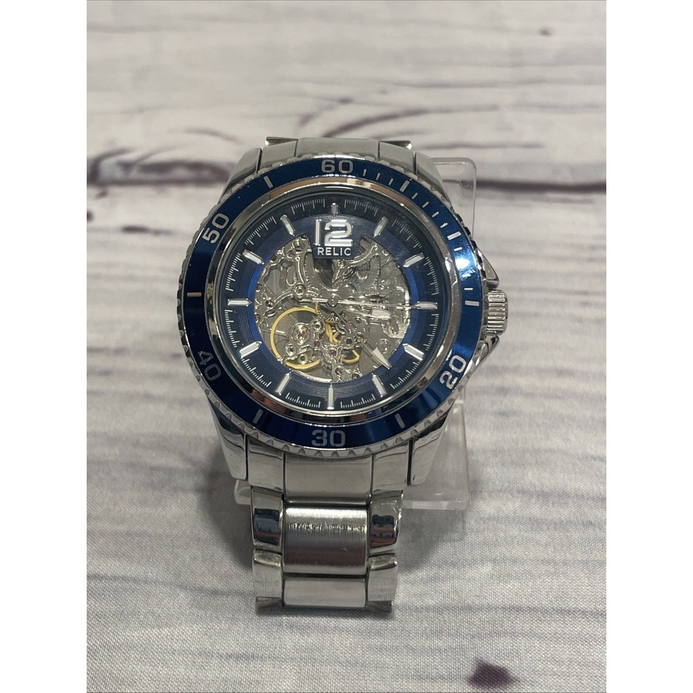 Relic ZR12184 Men's Automatic Skeleton Watch Blue Dial Stainless Steel 30M Runs